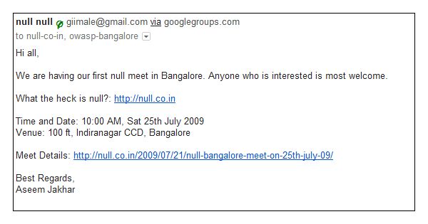 The first ever email about a null Bangalore meeting.